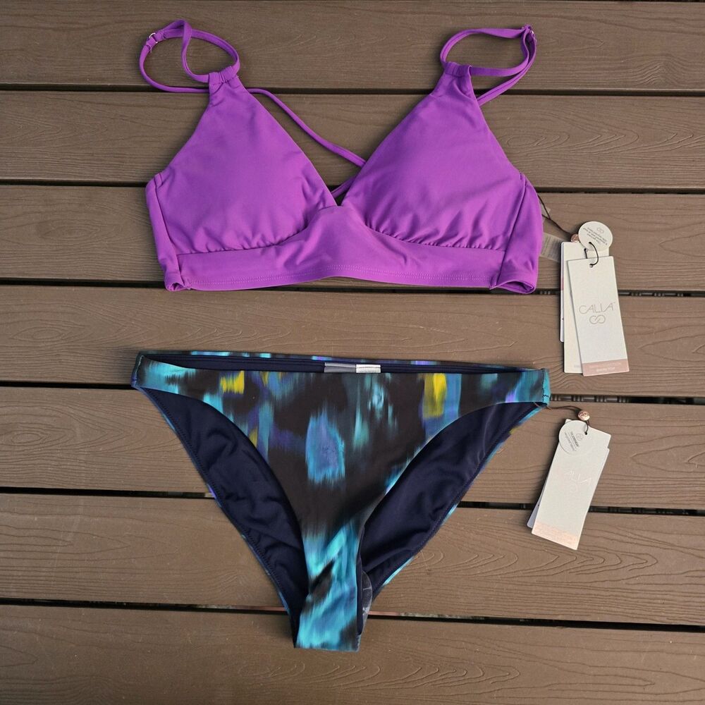 CALIA Womens Purple Punch Triangle Bikini Top & High Rise Cheeky Bikini Sz M New